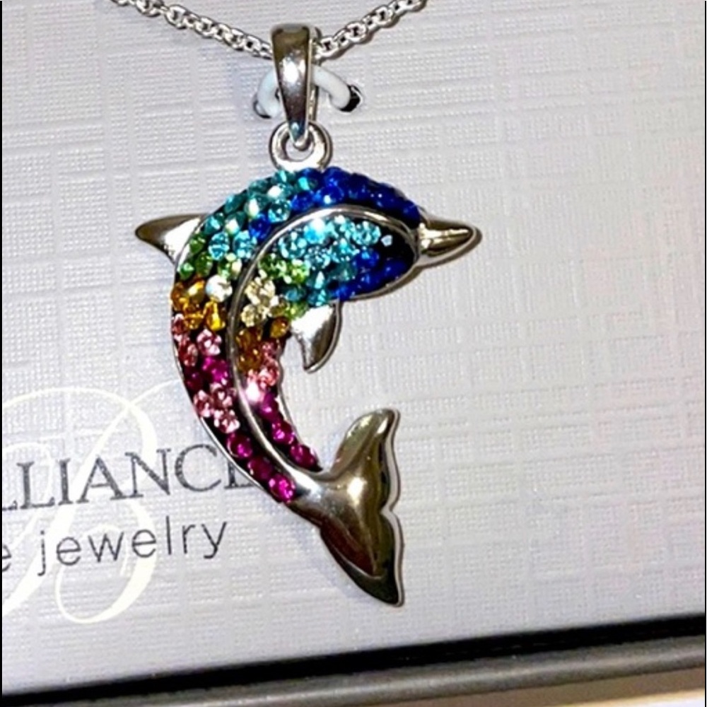 Brilliance fine silver plated rainbow Crystal dolphin necklace.